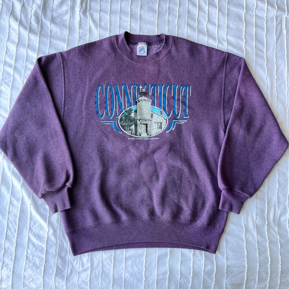 Vintage 90s Jerzees Super Sweats Connecticut Crewneck Sweatshirt Purple Faded US
